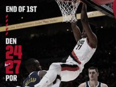 开拓者揭幕战主场对阵掘金，第一节结束开拓者领先掘金3分