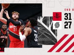 NBA常规赛：哈登首节6+8，火箭31-27领先开拓者