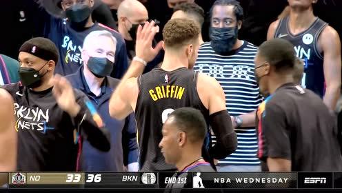 【2021年04月08日 鹈鹕vs篮网集锦】格里芬超远三分压哨命中 欧文小秀印第安舞步非常开心