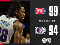 NBA常规赛：三节战罢，快船以94-99落后活塞5分