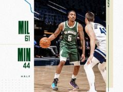 NBA常规赛：半场战罢，雄鹿以61-44领先森林狼17分