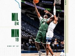 NBA常规赛：首节战罢，雄鹿队24-19领先森林狼队5分