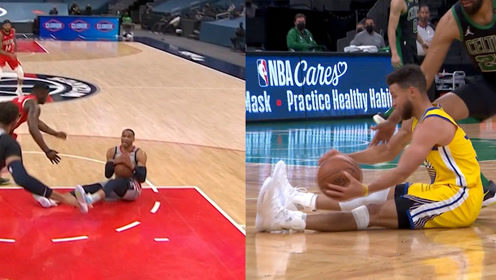 【2021年04月18日 勇士vs凯尔特人集锦】总是惊人的相似 库里倒地接球神同步昨日威少倒地拿下篮板