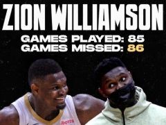 生涯至今锡安仅出战85场比赛。缺阵场数已达86场