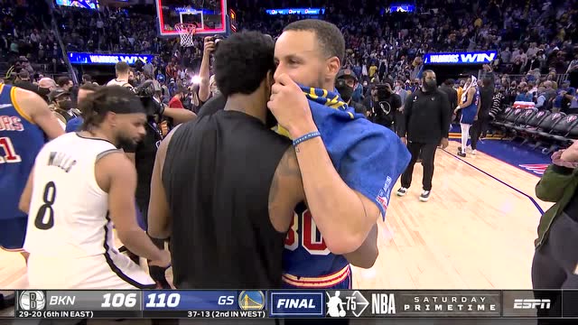 【2022年01月30日 篮网vs勇士集锦】大戏落幕！赛后库明加要走欧文球衣 库里欧文相拥“咬耳朵”说悄悄话