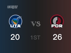 首节比分，开拓者26-20领先爵士，努尔基奇6分