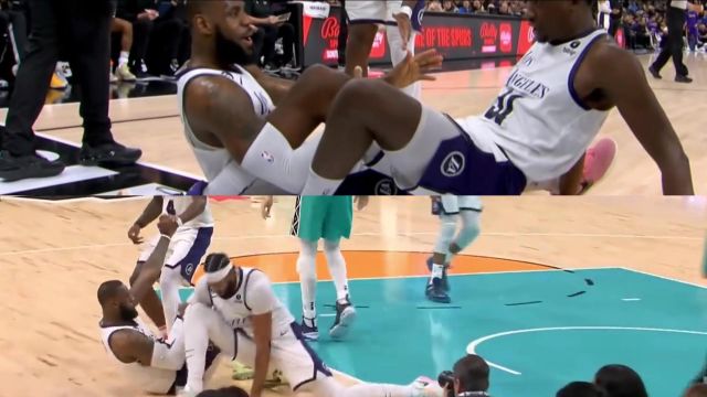 【2022年11月27日 湖人vs马刺集锦】如出一辙！托马斯欲扶詹姆斯滑铲倒地 同框对比浓眉哥劈叉
