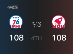 NBA常规赛：四节数据，火箭以108-108战平76人， J-格林23分4篮板4助攻