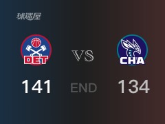 活塞vs黄蜂战报： 活塞141-134击溃黄蜂 伯克斯27分乌布雷28分