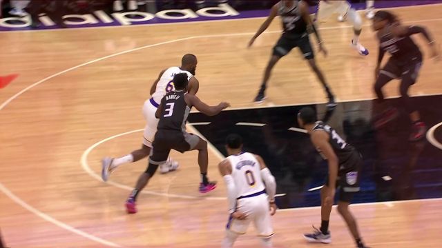 【2023年01月08日 湖人vs国王集锦】攻防速度太快！霍姆斯与詹姆斯对抗中不慎拍到老詹面部