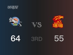 CBA常规赛：三节战罢，新疆以64- 55领先深圳，法尔14分12篮板