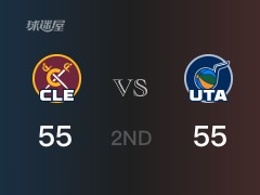 NBA常规赛：半场结束，爵士以55-55战平骑士，马尔卡宁10分4篮板