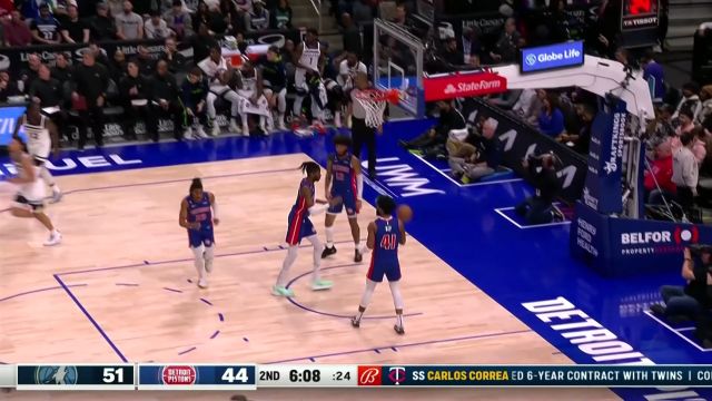 【2023年01月12日 森林狼vs活塞集锦】戈贝尔篮下一柱擎天1v2完成暴扣 再掩护拉塞尔命中三分