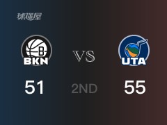 NBA常规赛 ：半场数据， 爵士以55-51领先篮网，克拉克森13分2助攻
