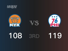 NBA常规赛：三节数据，76人以119-108领先尼克斯，恩比德35分10篮板6助攻