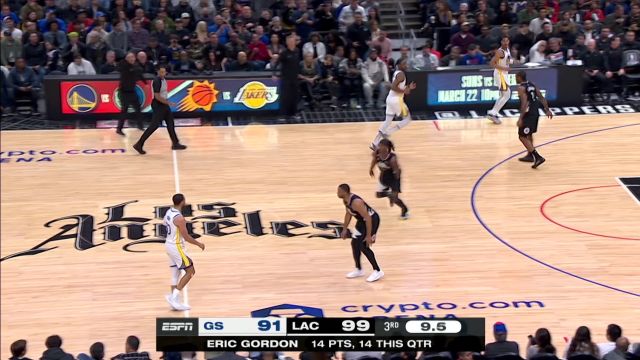 【2023年03月16日 勇士vs快船集锦】戈登再中三分稳定军心 库里打进神仙球惊叹对于篮筐的感觉