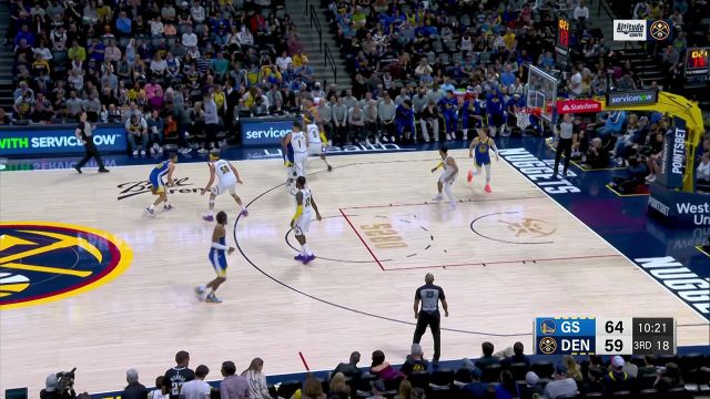 【2023年04月03日 勇士vs掘金集锦】波普抢断库里传球 杰夫格林推进妙传戈登篮下轻松吃饼