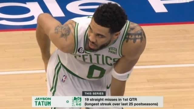 【2023年05月12日 凯尔特人vs76人集锦】塔图姆本轮系列赛首节连续19投不中 联盟近25年最长纪录