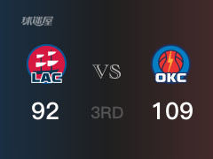 NBA常规赛：三节战罢，雷霆以111- 92领先快船，亚历山大25分7篮板4助攻