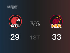 NBA常规赛 ：首节数据，热火以35-29领先老鹰，希罗14分3篮板2助攻