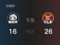 NBA常规赛：首节战罢，骑士以26- 16领先篮网，米切尔12分5篮板