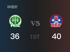 NBA常规赛：首节结束，活塞以40-36领先雄鹿，伯克斯9分2助攻