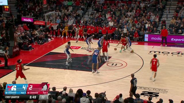 【2024年01月30日 76人vs开拓者集锦】篮下一柱擎天！艾顿接布罗格登妙传篮下点飞防守暴扣得手