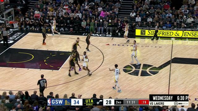 【2024年02月13日 勇士vs爵士集锦】一个转身冲入禁区 库明加强硬突破双手隔扣