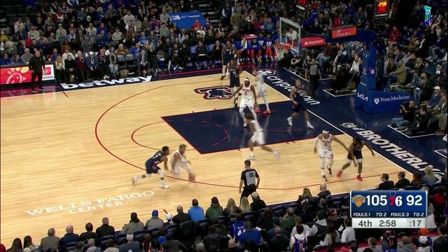 【2024年02月23日 尼克斯vs76人集锦】积极绝对有用！布伦森抢断快攻妙传麦克布莱德一飞冲天暴扣得手