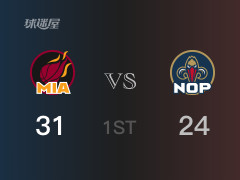 热火首节领先鹈鹕，乔丹-霍金斯得到6分，巴特勒得到10分