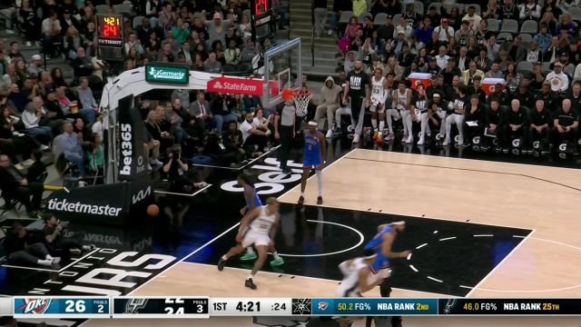 【2024年03月01日 雷霆vs马刺集锦】传球妙笔生花！科林斯低手妙传助攻索汉展腹重扣