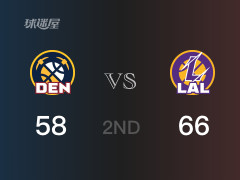NBA常规赛：半场结束，湖人以66-58领先掘金，拉塞尔13分2篮板2助攻