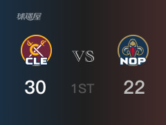 NBA常规赛 ：首节数据，骑士以30-22领先鹈鹕，阿伦8分2篮板