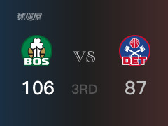 NBA常规赛：三节数据，凯尔特人以106-87领先活塞，布朗33分4篮板