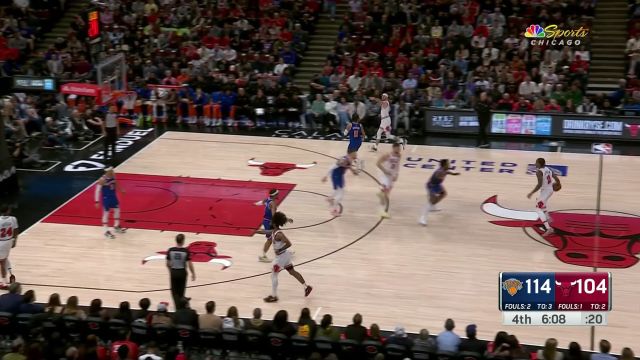 【2024年04月10日 尼克斯vs公牛集锦】咱也来诠释攻防一体！哈尔滕施泰因大帽武切维奇 布伦森撤步三分正中靶心