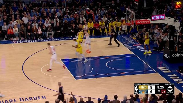 【2024年05月07日 步行者vs尼克斯集锦】球星的绝对实力！布伦森背身大单内姆布哈德转身后仰动作美如画