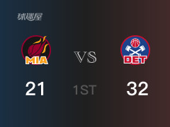 NBA常规赛：首节战罢，活塞以32- 21领先热火，哈里斯11分3篮板2助攻