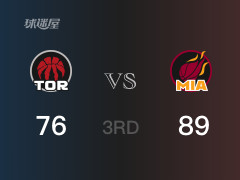 NBA常规赛：三节结束，热火以89-76领先猛龙，希罗21分4篮板4助攻