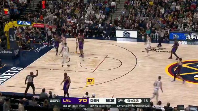 【2025年02月23日 湖人vs掘金集锦】手感拦不住！东契奇运球前场张弓搭箭 迎着布劳恩强投三分一击即中