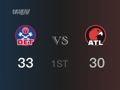 NBA常规赛：首节结束，活塞以33-30领先老鹰，康宁汉姆11分3篮板4助攻