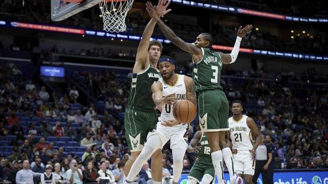 【2025年04月07日 雄鹿vs鹈鹕集锦】雄鹿111-107鹈鹕 小凯文-波特20+8贡献致命攻防