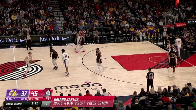 【2025年04月14日 湖人vs开拓者集锦】给机会真把握！克内克特外线三分精准一撮而就 随后转换反击再中连拿5分