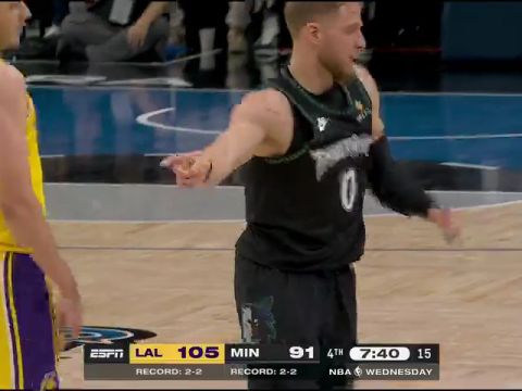 NBA常规赛：湖人vs森林狼第4节英文原声回放