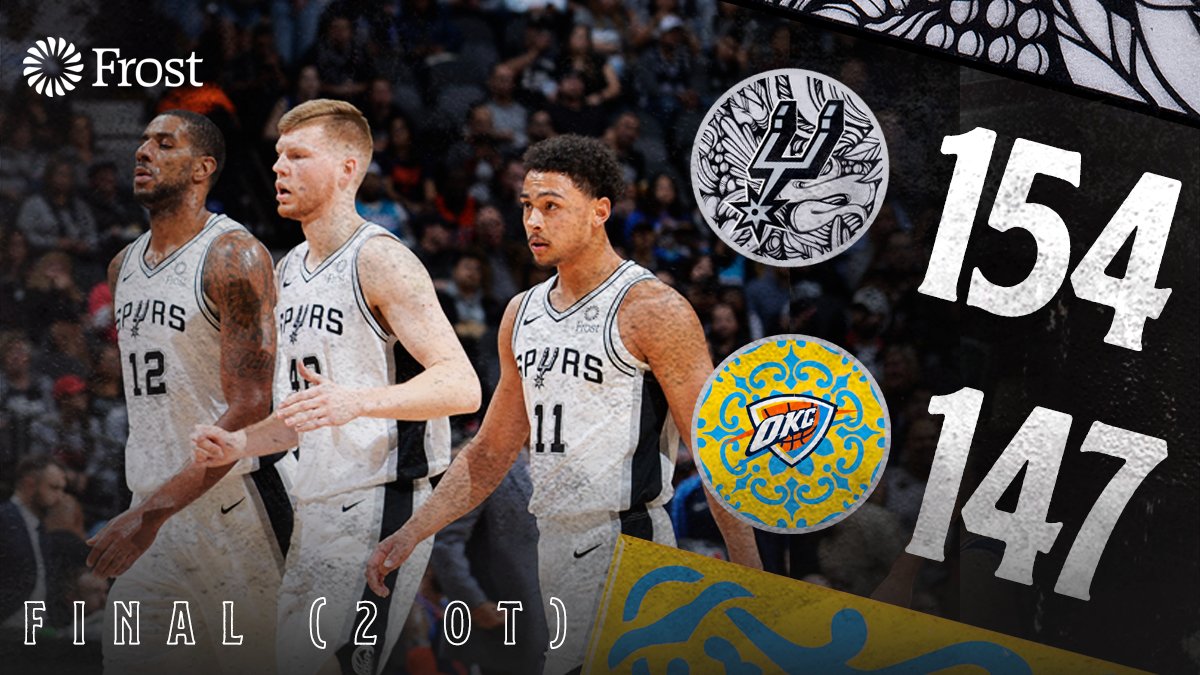 24直播网网 北京时间1月11日，2018-2019赛季NBA常规赛将精彩持续进行中，圣安东尼奥马刺坐镇主场迎战俄克拉荷马雷霆。全场打完，马刺经过两个加时鏖战，154-147惊险的战胜雷霆。154分也是波波维奇执教马刺时代，球队的单场最高分。