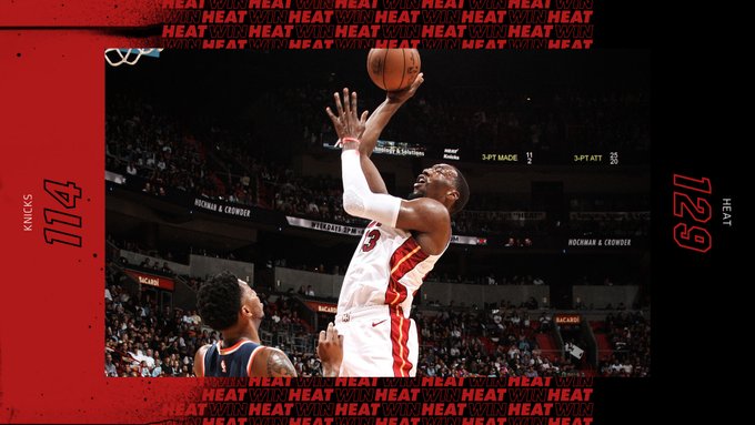 下半场回来热火延续火热的状态，继续扩大优势，尼克斯整场比赛都被热火压制着，毫无还手力，比赛早早失去悬念，最终热火以129-114战胜尼克斯。