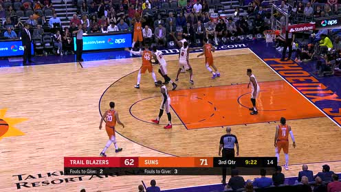 【NBA录像回放】开拓者vs太阳第3节 布里奇斯单臂滑翔暴扣