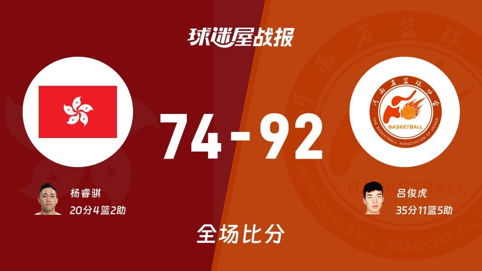 全运男篮中国香港vs河南战报：74-92，吕俊虎35+11+5