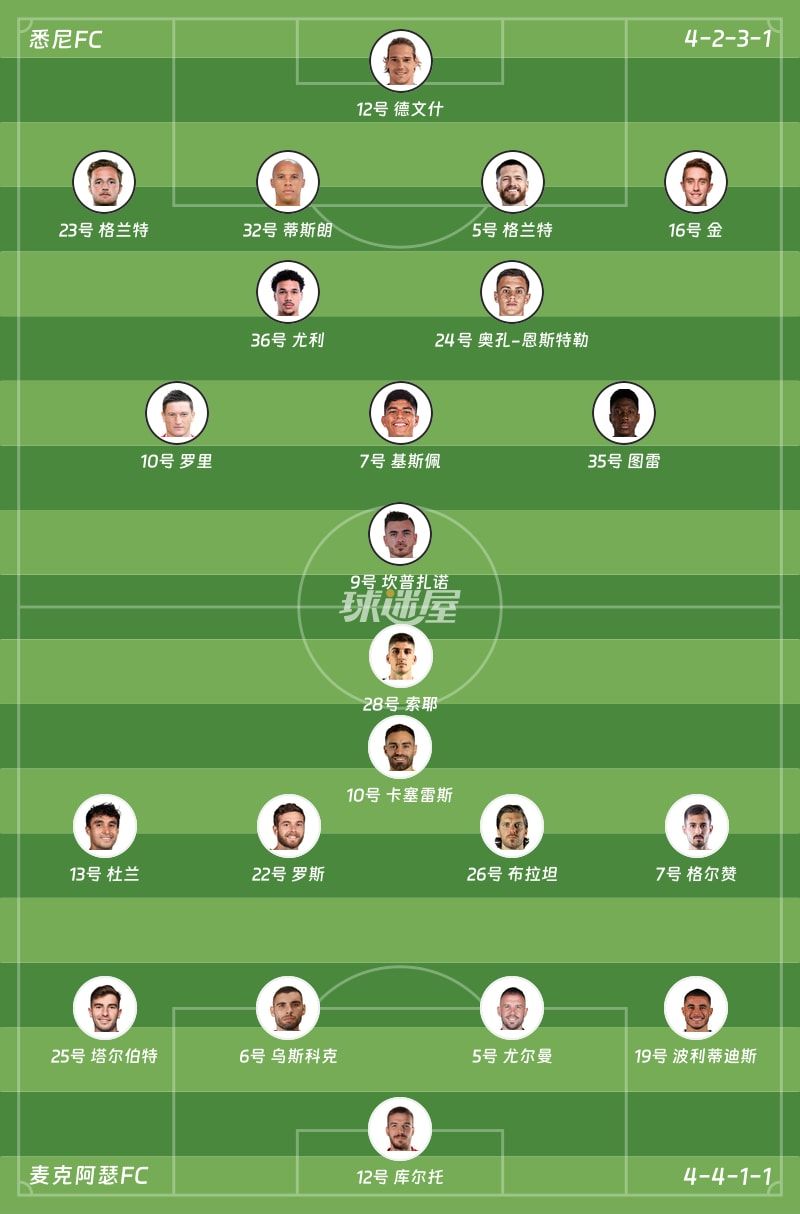 悉尼FCvs麦克阿瑟FC首发阵容