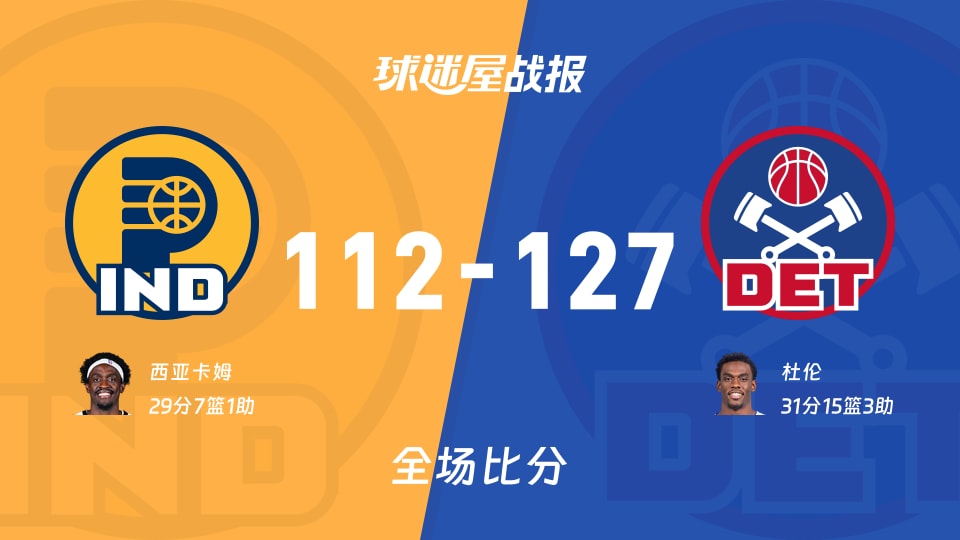 NBA步行者vs活塞战报：112-127，杜伦31+15+3