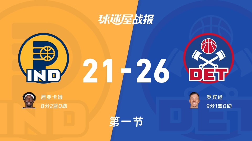 步行者vs活塞：首节战罢，步行者21-26活塞，罗宾逊得到9分